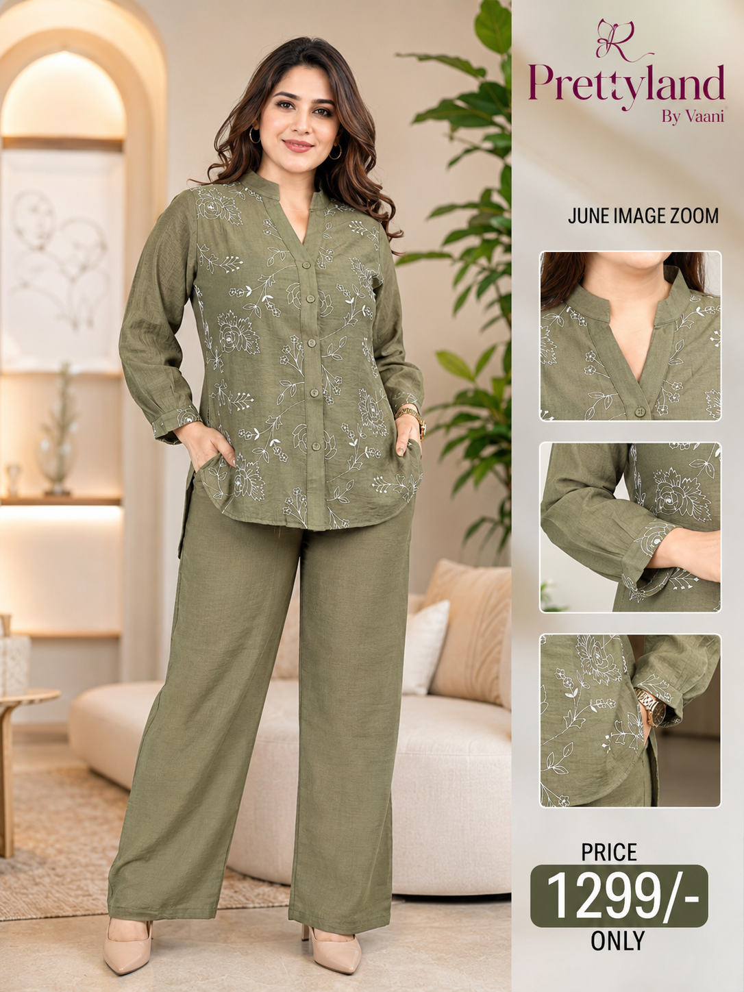 Olive Bloom Embroidered Co-Ord Set