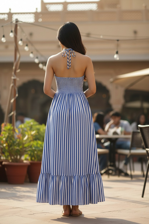 Azure Breeze Striped Halter NECK Dress